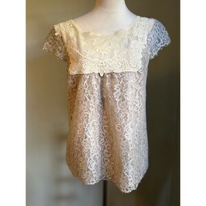 HD in Paris Anthropologie Lace Top Short Sleeve metallic tan 8 boho cottage Y2K
